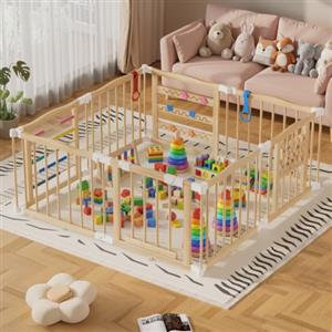 MSFE Box Neonato Pieghevole,Recinto Bambini in Legno con Porta,Blocco di Sicurezza e Pannelli di Gioco per Soggiorno,Cameretta dei Bambini,8 Pannelli,Regolabile in Diverse Forme e Dimensioni