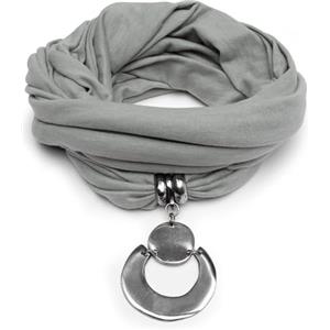 Vestopazzo sciarpa gioiello con ciondolo mezzaluna e placca tonda in Alluminio 100% riciclato.Tessuto jersey colore grigio chiaro.Lavorazione artigianale,Unisex.AL18061