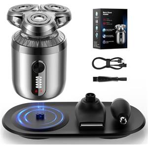 iWarmbase Mini rasoio elettrico per uomo - rasoio per barba uomo 3D - Rasoio a testa rotante/rasaerba naso - Rasatura asciutta e umida con base di ricarica e 3 punte di precisione.