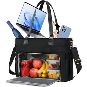 Aolso Lunch Tote Bag da donna 2 in 1, 15,6 Pollici Borsa per il Pranzo Isolata, Borsa per Computer Portatile con Scomparto per il Pranzo, Borsas Termica per Lavoro, Ufficio e Università, Nero