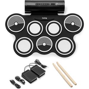 Huslog Batteria Elettronica Portatile per Bambini e Principianti, 7 Pad + 2 Pedali, 12 Ritmi Demo, 7 Suoni, Funzione Registrazione, Ingresso MP3, Uscita Cuffie e Altoparlanti