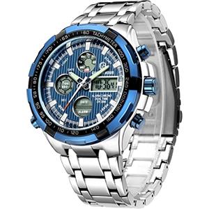 GOLDEN HOUR lusso in acciaio inox analogico digitale orologi per uomo sport all'aperto impermeabile grande orologio da polso pesante Argento blu