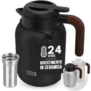 LEBENLANG Thermos caffe 1,5 litri Nero - Rivestimento ceramico & senza BPA I 24 ore al caldo & Incl. filtro da tè I Termos caffè Caraffa termica Termus per te caldo grande Teiera