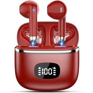 POMUIC Nuovo Cuffie Bluetooth 5.4, Auricolari Bluetooth in Ear con 4 ENC Microfoni, 40 Ore di Riproduzione, Display LED, IP7 Impermeabile Cuffiette Bluetooth, Cuffie Senza Fili per Sport e Lavoro Rosso