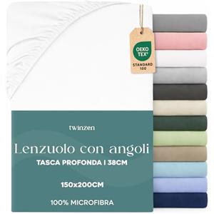 Twinzen Dreamzie Lenzuolo con Angoli Matrimoniale 150 x 190/200 cm - Angoli da 35 cm per Materassi Spessi - 100% Microfibra di Poliestere - Bianco, Certificato Oeko Tex