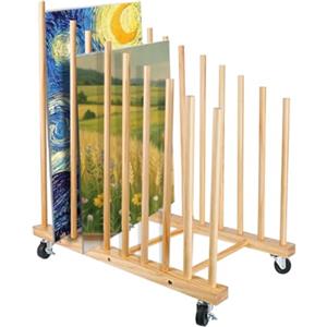 Julymoda Scaffale per riporre oggetti artistici con ruote girevoli, 9 sezioni in legno per cornici, tavola da disegno, tela, stampati, blocco di carta adatto per studio, galleria, mostra d'arte
