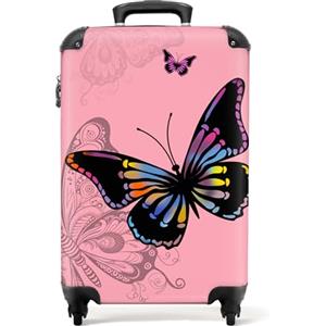 NoBoringSuitcases.com bagaglio a mano, trolley, valigia da 10 kg, rigida, leggera, valigie da viaggio per cabina, aereo con 4 ruote girevoli manico estensibile robusto 55x40x20 cm Farfalla rosa sfondo