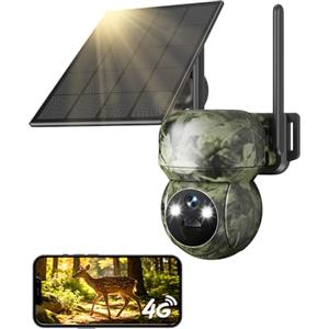 GNCC 4G LTE Fototrappola con Sim 2K Telecamera con Sim 4G da Esterno Senza Fili con Pannello Solare, Visione Notturna a Colori/Infrarossi, 360° PTZ, IP66, PIR, Caccia e il Monitoraggio a Distanza