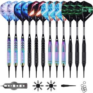 WIN.MAX Set di freccette con punta in plastica, punta morbida, 12 pezzi, 18 g, con 100 punte extra per freccette, 12 alette protettive e chiave inglese