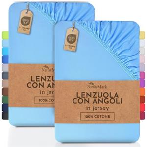 NatureMark Lenzuolo matrimoniale in jersey in confezione da 2 pezzi, lenzuolo matrimoniale 100% cotone QUALITÀ DEL ÖKOTEX Standard 100, 70x140 cm, Azzurro