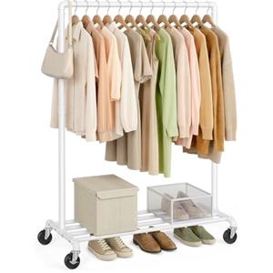 SONGMICS Stand Appendiabiti in Metallo, Attaccapanni con Ruote e Ripiano, Portata fino a 90 kg, Design Industriale, per Camera da Letto, Cabina Armadio, Bianco HSR061W01