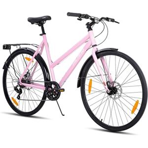 HH HILAND HILAND Bicicletta da Corsa 28 Pollici Uomo Donna, Bici da Città 700C con Telaio in Alluminio Leggero, Cambio a 7 Velocità, Freni a Disco Meccanici, Urban Bike per Pendolarismo, Rosa