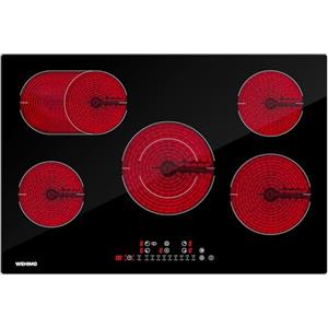WEHIMO Piano Cottura in Vetroceramica 5 Fuochi da Incasso 77cm, Piano Cottura Elettrico, 8600W, 5 Zone di Cottura, Zone Doppie e Ovali, Sicurezza Bambini, Timer