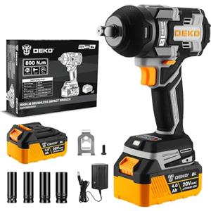 DEKOPRO Avvitatore a impulsi Brushless 800Nm 20V Avvitatore a Percussione con Batteria 4,0 Ah, 4 Bussole (17/19/21/22 mm), Gancio da Cintura, Ideale per Auto, Moto e Lavori in Casa