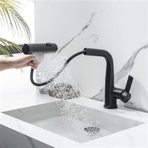 LakeBayMZC Rubinetto Bagno Lavabo LakeBayMZC con Doccetta Estraibile a 3 Modalità, Miscelatore Lavabo Estraibile, Rubinetti Monocomando Bagno con Doccetta, Regolabile in altezza,Girevole a 360°,Nero