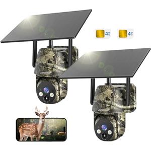 DFGRD 4G LTE Fototrappola con SIM, 2K Telecamera Esterna Solare Senza Fili, 360° PTZ Visione Notturna a Colori e Infrarossi, Rilevamento PIR, Audio Bidirezionale, IP66, 2 pezzi