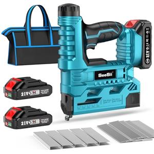 SEESII Chiodatrice Brad a Batteria, Pistola Sparachiodi Elettrica Calibro 18 con 2 Batterie da 2,0Ah e 1000 Pezzi di Chiodi e Graffette, Profondità di Inchiodatura Regolabile