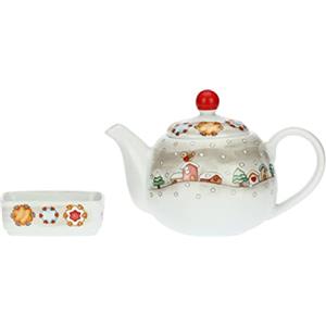 THUN - Set Teiera con Portabustine in Porcellana Decorata - Linea Regali d'inverno - Idea Regalo Natale 2022 - Teiera 23,5x14,5x16 H cm; 1.1 L