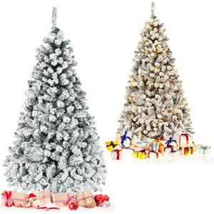 RELAX4LIFE Albero di Natale Innevato 180/225 cm con Luci Incorporate, 600/1010 Rami Folti e 250/450 Luci LED, Abete Artificiale Innevato Illuminato Solida Base in Metallo (225cm, Verde+Bianco)