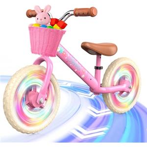 HappyGoLucky Bici Senza Pedali 2-5 Anni, Bicicletta Bambina - Ruote Luminose/Altezza Regolabile/Cestino Intrecciato, Giochi Regalo Giocattoli Gioco Bambina 2-5 Anni Idee Regalo per Bambini Rosa