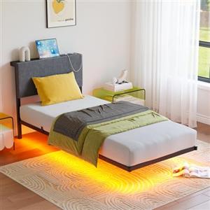 HOMERECOMMEND Letto 90 x 200 cm, effetto visivo galleggiante, telaio del letto con illuminazione a LED e stazione di ricarica, struttura per letto matrimoniale con testiera contenitore e rete a doghe