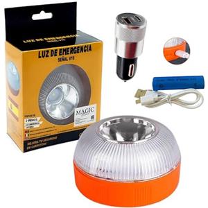 MAGIC SELECT Luce di Emergenza V16, per Segnaletica Stradale di Auto e Moto. Luce Gialla Lampeggiante e Bianca Fissa con Accensione Automatica, Base Magnetica e Batteria Ricaricabile.