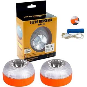 MAGIC SELECT 2x Luce di Emergenza V16, per Segnaletica Stradale di Auto e Moto. Luce Gialla Lampeggiante e Bianca Fissa con Accensione Automatica, Base Magnetica e Batteria Ricaricabile.