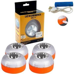 MAGIC SELECT 4x Luce di Emergenza V16, per Segnaletica Stradale di Auto e Moto. Luce Gialla Lampeggiante e Bianca Fissa con Accensione Automatica, Base Magnetica e Batteria Ricaricabile.