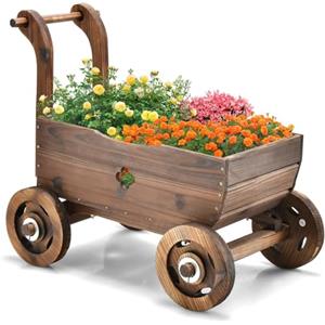 FANTASK Carrello per fiori in legno con ruote e maniglia, per piante con foro di scarico, per giardino, terrazza, per piante, carriola, decorazione da giardino, fioriera