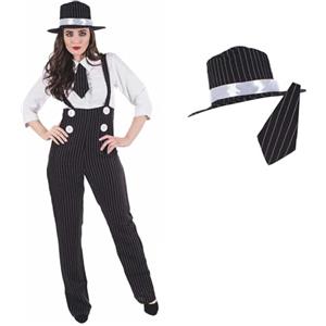 Fun Shack Costume Gangster Anni 20 Donna, Costume Halloween Donna | Camicia Bianca, Pantaloni a Righe con Bretelle, Cravatta & Cappello, Perfetto per Halloween, Ideale per Travestirsi