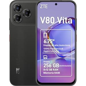 ZTE V80 Vita Smartphone 4G, 14GB (4+10), memoria 256GB, Display 6,75" High-res 120Hz con Live Island 2.0, Tripla Fotocamera 50MP, Fotocamera frontale 16MP, Android 16, Batteria 5000mAh - Nero