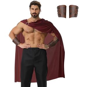 maxToonrain Costume da guerriero spartano da uomo con 2 bracciali, mantello da gladiatore-soldato greco-romano, costume storico per Halloween, Natale, Larp, Giornata del libro mondiale, rosso scuro