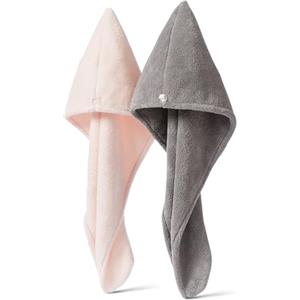 Amazon Basics - Cuffia Turbante per Capelli in Microfibra ad Asciugatura Rapida, Asciugamano per Capelli, Grigio/Rosa, Confezione da 2