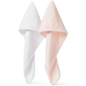 Amazon Basics - Cuffia Turbante per Capelli in Microfibra ad Asciugatura Rapida, Asciugamano per Capelli, Bianco/Rosa, Confezione da 2