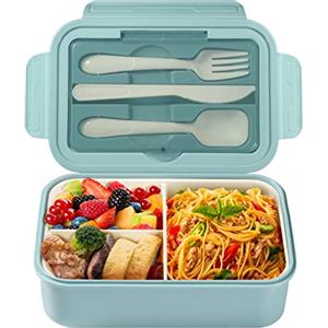Diboniur Lunch Box, Porta Pranzo con Posate, 1400ml Bambino Adulto Bento Box con 3 Scomparti, Schiscetta Contenitore Pranzo per Microonde Lavoro Picnic Ufficio (Blu)
