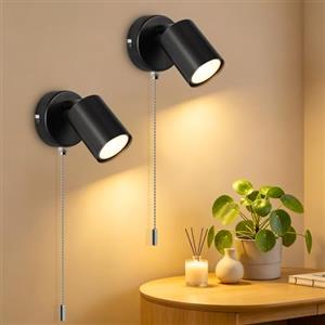 Ketom 2 Pezzi Applique da Parete Interno Moderno, GU10 Applique Camera da Letto, Faretti da Muro Orientabili, con Interruttore a Tirante, Faretto LED Interno da Parete Nero, Senza Lampadina