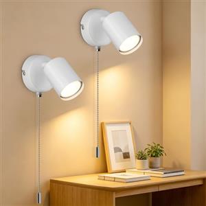 Ketom 2 Pezzi Applique da Parete Interno Moderno, GU10 Applique Camera da Letto, Faretti da Muro Orientabili, con Interruttore a Tirante, Faretto LED Interno da Parete Bianco, Senza Lampadina