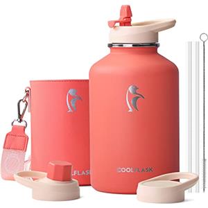 Coolflask Borraccia Termica 2L in Acciaio Inox con Custodia in Pelle PU e Coperchio a Cannuccia, Isolata Sottovuoto Mantiene Bevande Fredde 48h e Calde 24h, Arancione