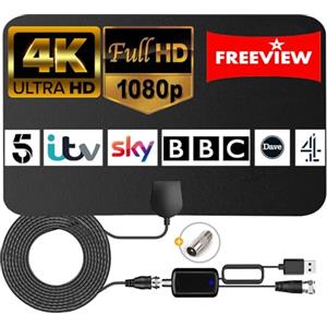 Extraible Antenna TV per interni con raggio di oltre 250 miglia per Smart TV, antenna Freeview con ripetitore di segnale ad alto guadagno per HDTV 4K 1080P e radio VHF UHF DAB con cavo coassiale da 14,5 m