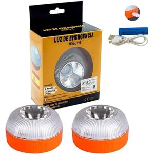 MAGIC SELECT 2x Luce di Emergenza V16, Omologata per Segnaletica Stradale di Auto e Moto. Luce Gialla Lampeggiante e Bianca Fissa con Accensione Automatica, Base Magnetica e Batteria Ricaricabile.