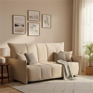 Talamo Italia Letto Alissa, Divano a 2 posti, 100% Made in Italy, Sofà Soggiorno con Apertura a Carrello, in Tessuto imbottito, con Braccioli Standard, Cm 150x90h85, Beige