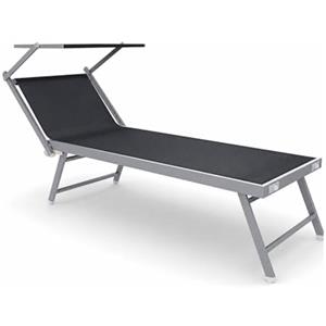 Bricozone Lettino Pieghevole Prendisole in Alluminio E Tessuto Textilene Professionale Con Tettuccio Parasole Orientabile Sdraio Per Mare Spiaggia Piscina Giardino 182 x 60 x 38 Cm Nero
