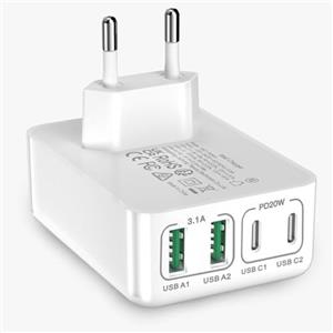 nongxiang Caricatore USB C, 40 W 4 Porte Caricatore Piatto Multiplo PD 3.0, Adattatore di Alimentazione Dimensioni Ridotte Salvaspaziocom Patibile Con iPhone 16/15/14/13, Galaxy S25/S24/S23/S22, Pixel, Tablet