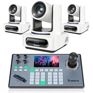 Tenveo Bundle/Kit Telecamera PTZ e Controller 3 Telecamere NDI PTZ 4K con Auto-Tracking AI 20X Zoom, SDI/HDMI/USB3.0/LAN(PoE) e Controller Joystick con Screen da 5" per Live Streaming