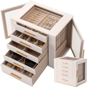 Granbest - Portagioie a 5 livelli con coperchio in vetro, organizer per gioielli ad alta capacità con cassetti e specchio, portagioie in PU per collane, orecchini, anelli, bracciali (bianco)