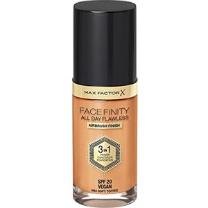 Max Factor Fondotinta Facefinity All Day Flawless - Correttore, Fondotinta liquido e primer viso 3-in-1, Formula vegan, Copertura modulabile, Tenuta fino a 30 ore, SPF20 - N84 Soft Toffee, 30 ml