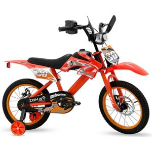 IBK Bicicletta Bambino 16'' Pollici Motocross Mountain Bike MTB CROSS con rotelle stabilizzatori Bimbo, Freni a disco, generatore Suono Moto cross (Arancione)
