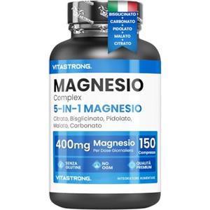 Vitastrong. MAGNESIO COMPLETO 400mg - 5 in 1 - Magnesio Bisglicinato + Citrato + Pidolato + Malato e Carbonato - Integratore Antistress