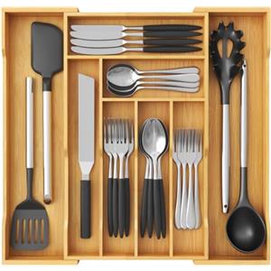 Lifewit Organizzatore per Cassetti da Cucina, 43 cm di Profondità, Vassoio Utensili Estensibile fino a 53 cm di Larghezza, Separatore per Armadio da Cucina, Accessori in Bambù per Cucchiaio/Forchetta