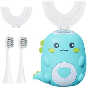 Jonuin Spazzolino Elettrico a Forma di U per Bambini, Spazzolino Sonico con 2 Testine a Forma di U in Silicone e 2 Testine Morbide, 360º, Design a Dinosauro, per Bambini e Bambine Dai 2 ai 12 (Verde)